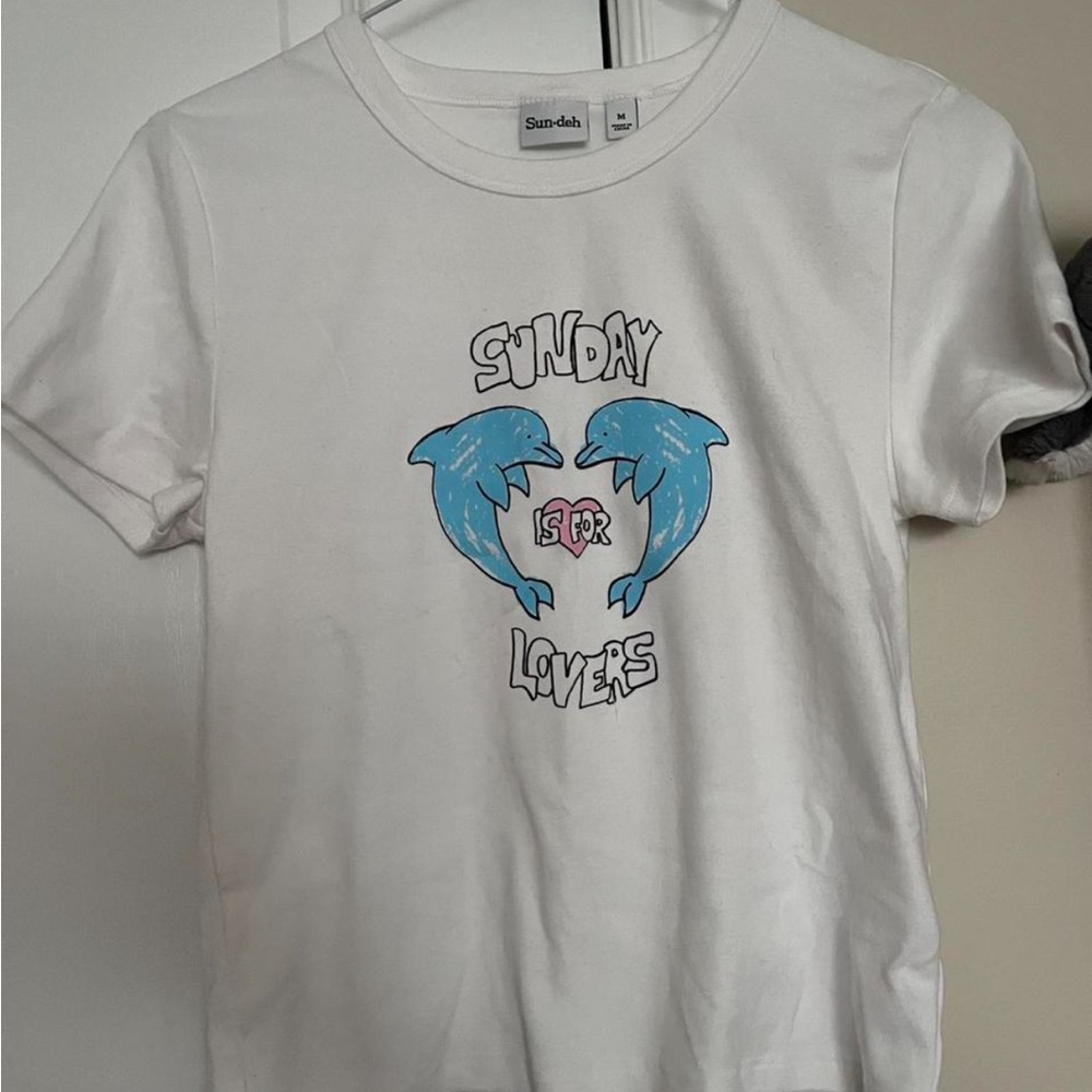 Sunday Best White Tee with Blue Dolphin Graphic